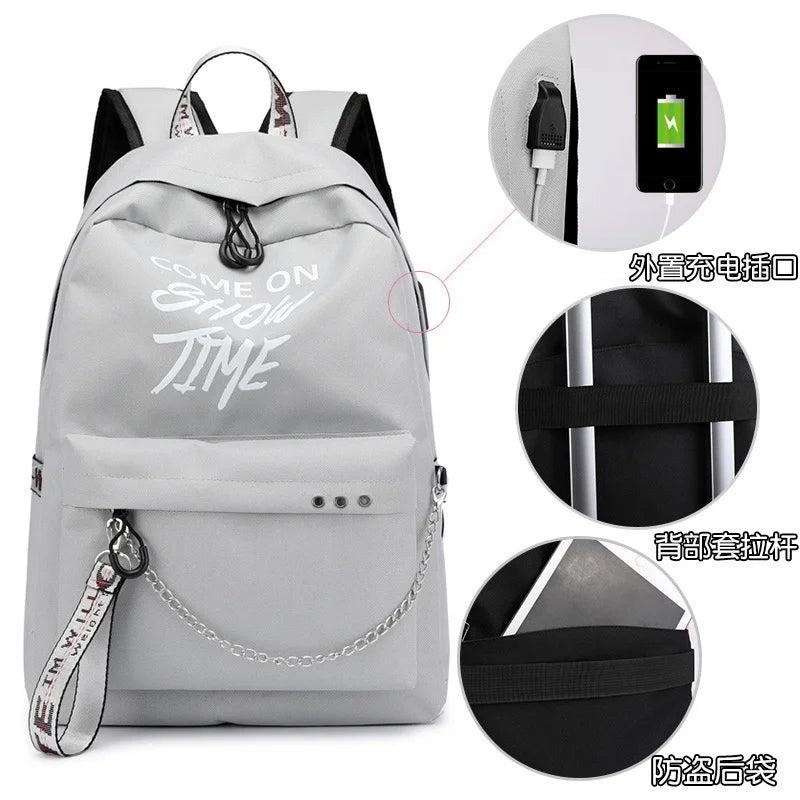 Luminous USB Charge Women Backpack Waterproof Polyester Letters Print School Bag