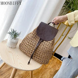 Women Backpack Drawstring Female Straw Bag Summer Beach Hollow Lady Weave Pack