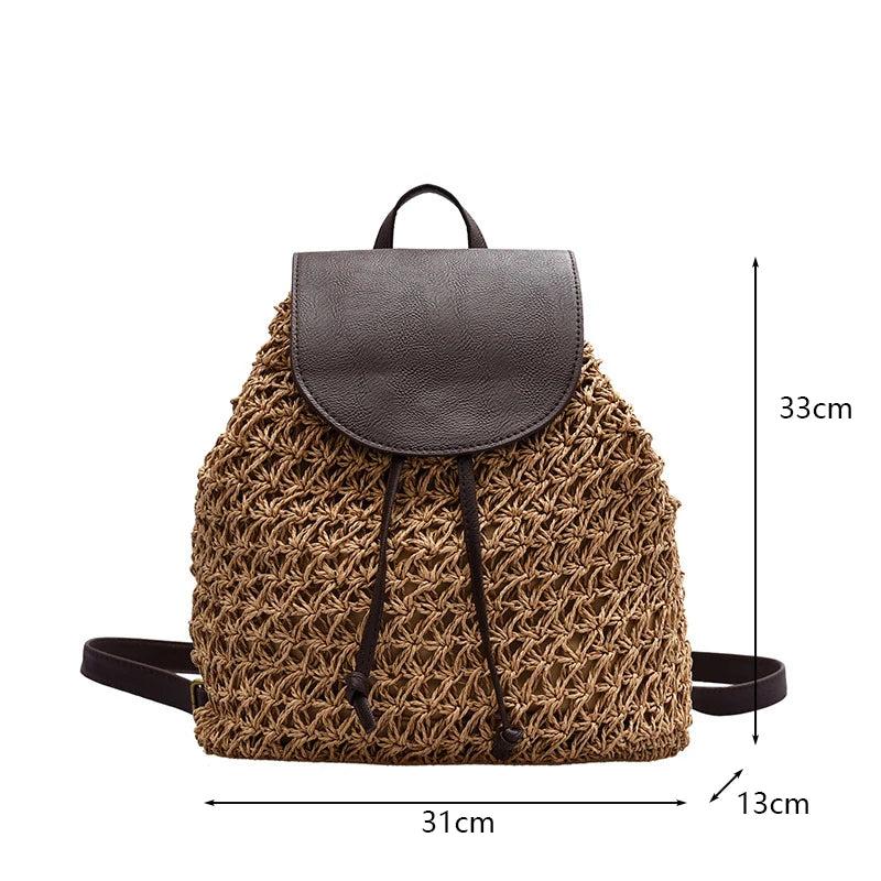 Women Backpack Drawstring Female Straw Bag Summer Beach Hollow Lady Weave Pack