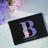 Purple Letters Cosmetic Bag Flower Print Personalized Names Storage Pouch