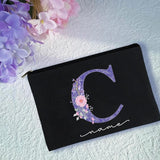 Purple Letters Cosmetic Bag Flower Print Makeup Personalized Names Storage Pouch