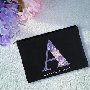 Purple Letters Cosmetic Bag Flower Print Makeup Personalized Names Storage Pouch