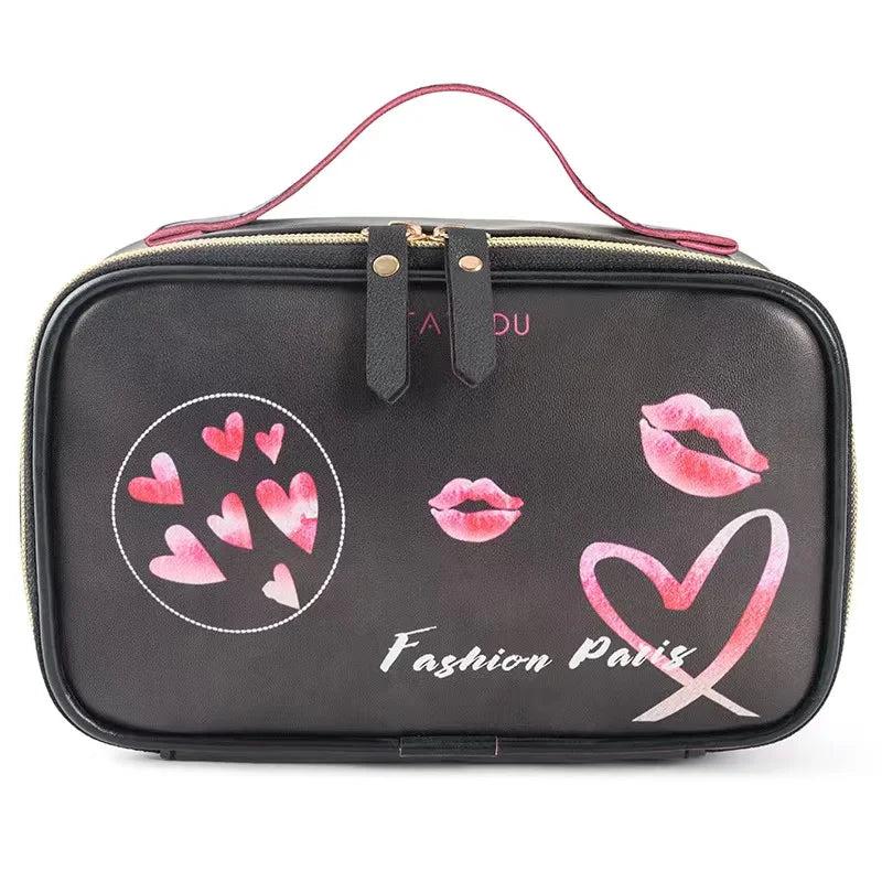 Stripe Love Printing Storage Bag PU Portable Cosmetic Bag Large Capacity