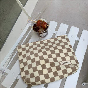Corduroy Checkerboard Handbag Portable Toiletries Storage Bag