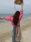 Braided Crochet Net Bag Women Casual Woven Beach Tote Handbag