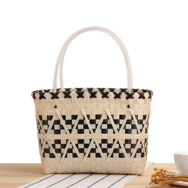Hand Woven Shopping Basket Plaid Beach Tote Female