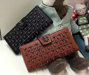 Skull Wallet and Purse Women's Long Leather Wallet Buckle Rivet Purse