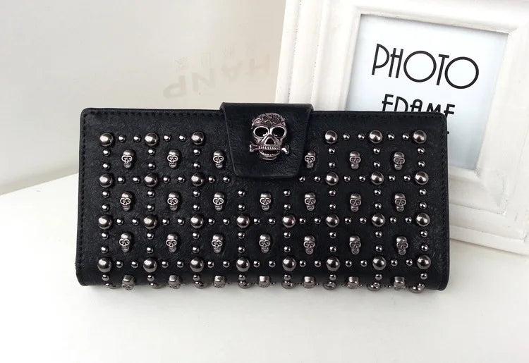 Skull Wallet and Purse Women's Long Leather Wallet Buckle Rivet Purse