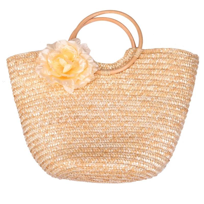Women's Straw Handbag Flower Woven Beach Tote Bag