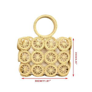 Straw Tote Bag Hollow Out Circle Pattern Top Handle Drawstring Handbag