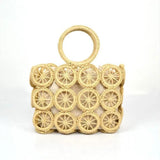 Straw Tote Bag Hollow Out Circle Pattern Top Handle Drawstring Handbag