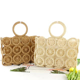 Straw Tote Bag Hollow Out Circle Pattern Top Handle Drawstring Handbag