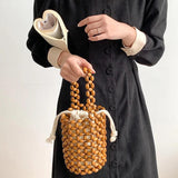 Summer Bucket Bag Drawstring Hand-Woven Beach Bag