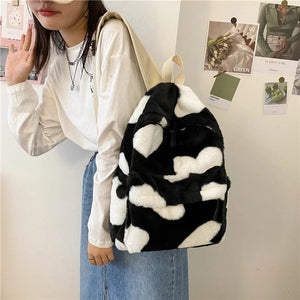 Winter Women Soft Plush Backpack Teenager Girls School Shoulder Bag Cow Print