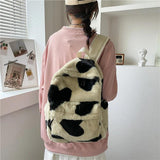 Winter Women Soft Plush Backpack Teenager Girls School Shoulder Bag Cow Print