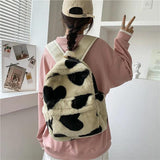 Winter Women Soft Plush Backpack Teenager Girls School Shoulder Bag Cow Print