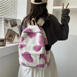 Winter Women Soft Plush Backpack Teenager Girls School Shoulder Bag Cow Print