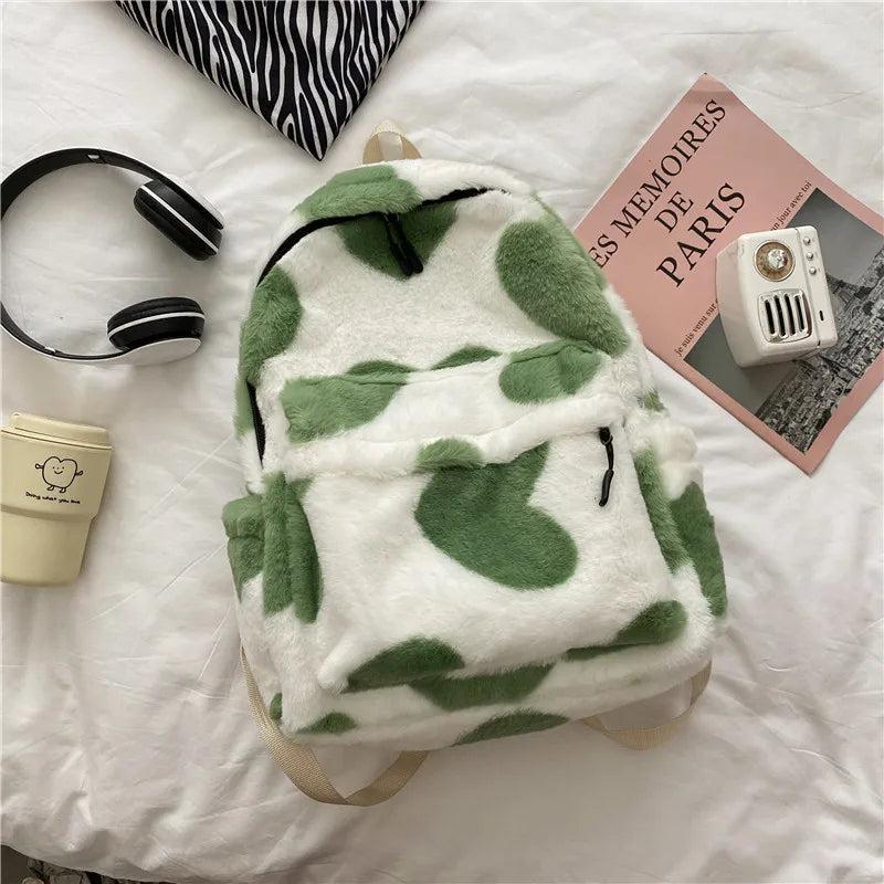 Winter Women Soft Plush Backpack Teenager Girls School Shoulder Bag Cow Print