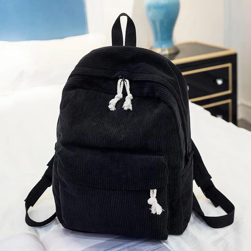 Striped Corduroy School Backpack for Teen Girls