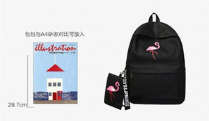 Flamingo Embroidery Backpack Canvas College School Bag