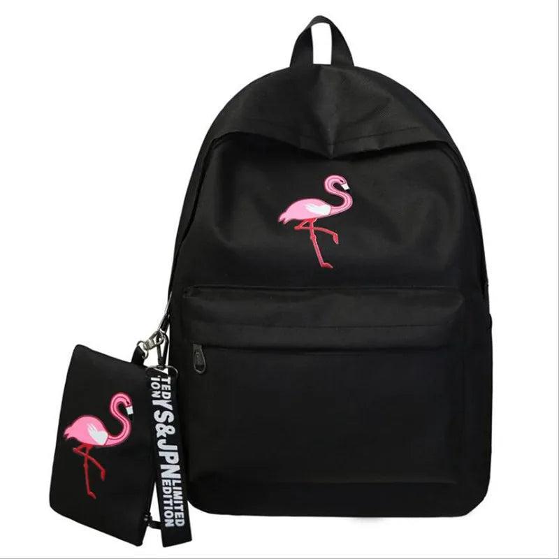 Flamingo Embroidery Backpack Canvas College School Bag