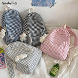 Houndstooth Canvas Backpack Women Student Sweet Large Capacity Harajuku Bag