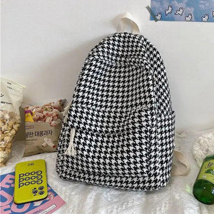 Houndstooth Canvas Backpack Women Student Sweet Large Capacity Harajuku Bag