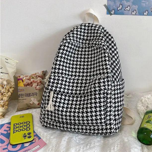Houndstooth Canvas Backpack Women Student Sweet Large Capacity Harajuku Bag
