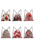 Red Floral Drawstring Backpack Gym Bag Travel Storage Eco Reusable