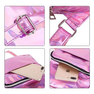 Women Holographic Laser Metallic Backpack School Travel Rucksack Pink Silver
