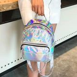 Women Holographic Laser Metallic Backpack School Travel Rucksack Pink Silver