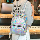 Women Holographic Laser Metallic Backpack School Travel Rucksack Pink Silver