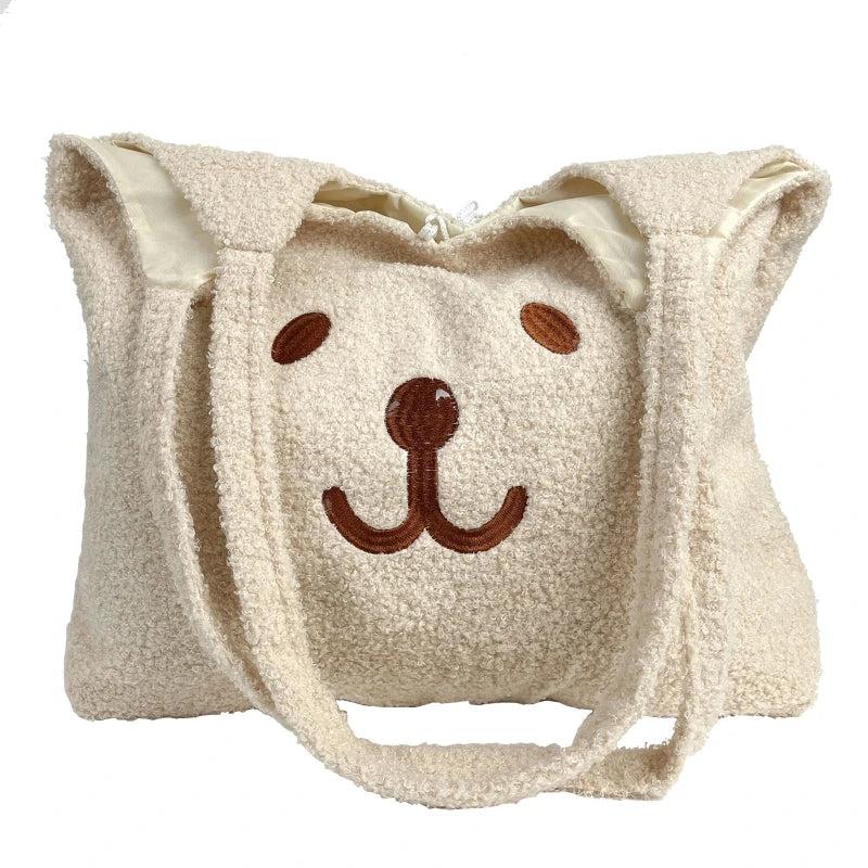 Plush Bear Tote Shoulder Bag Embroidery Satchel Shopping Bag