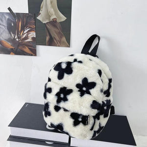Mini Plush Backpack Flowers Printing Small School Bags Shoulder Crossbody Bags