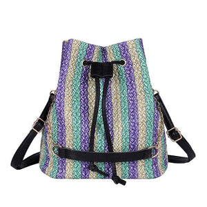 Novelty Straw Bag Woven Backpacks Panelled Striped Vintage Knitted Bag Rucksacks