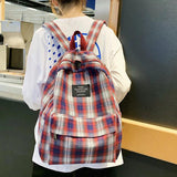 Plaid Canvas Women Backpack College Student Backpack