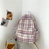 Plaid Canvas Women Backpack College Student Backpack