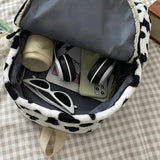 Warm Plush Backpack For Women Cow Print Teenager School Bag