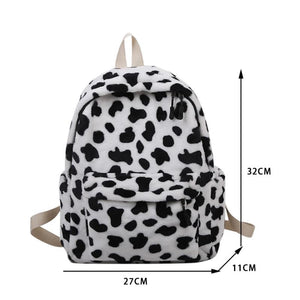 Warm Plush Backpack For Women Cow Print Teenager School Bag
