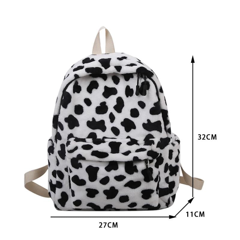 Warm Plush Backpack For Women Cow Print Teenager School Bag