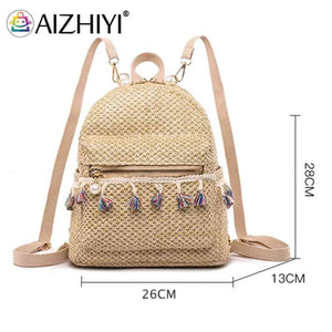 Straw Women Backpack Tassel Shoulder Schoolbag