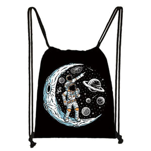 Space Walk Printing Backpack Drawstring Bag Outer Space Astronauts