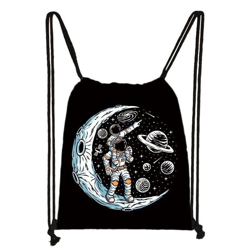 Space Walk Printing Backpack Drawstring Bag Outer Space Astronauts