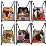 Cat Print Drawstring Bag Girls Women's Travel Storage Foldable Shopping