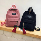 Campus Style Corduroy Backpack Solid Color Double Shoulder Bag