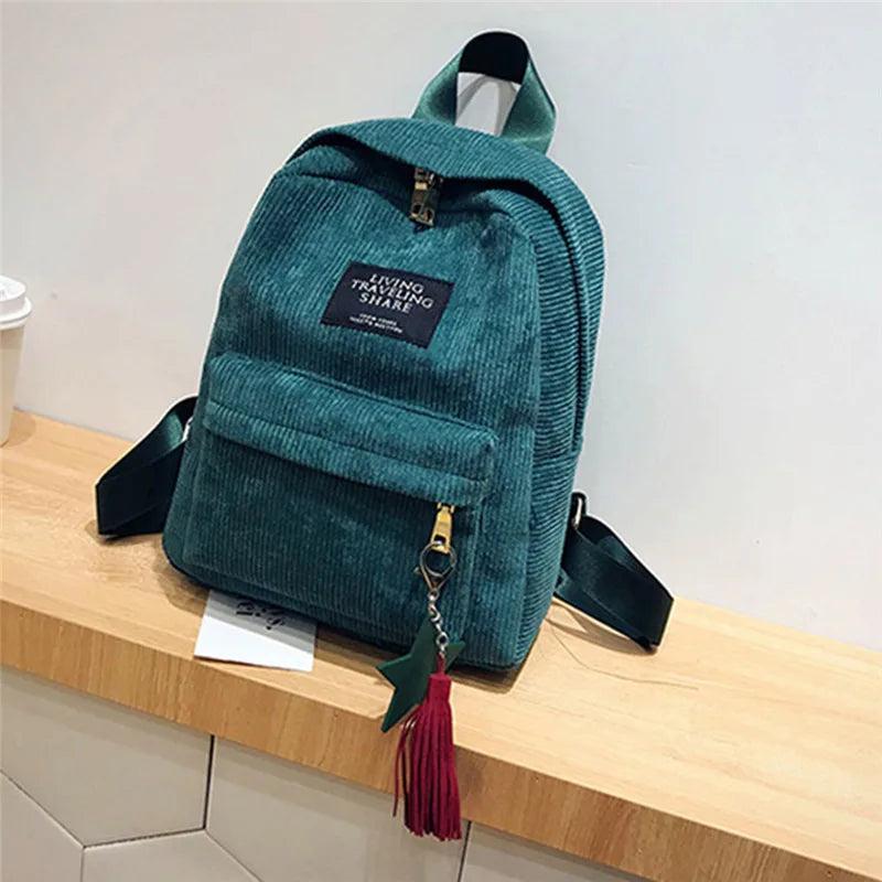 Campus Style Corduroy Backpack Solid Color Double Shoulder Bag