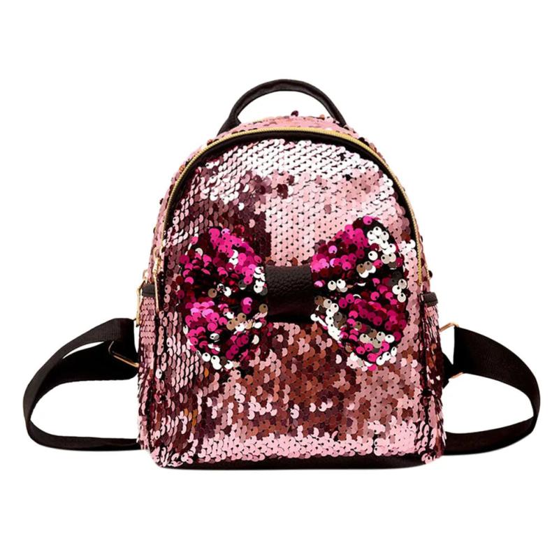Mini Sequin Backpack Bowknot Women Girls Zipper Handbag Travel