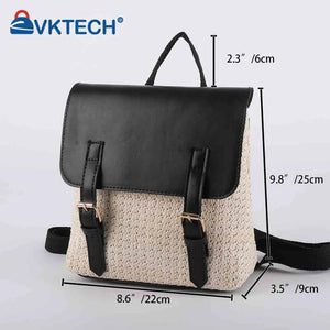 Colorful Straw Backpack for Women PU Leather Splicing School Bag Travel Beach