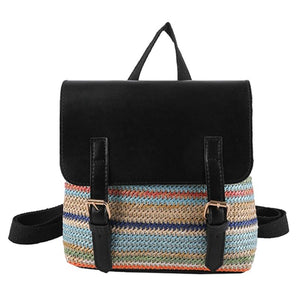 Colorful Straw Backpack for Women PU Leather Splicing School Bag Travel Beach