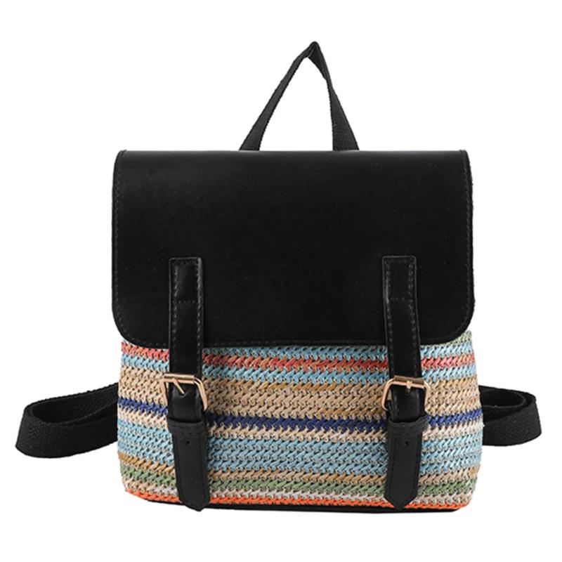 Colorful Straw Backpack for Women PU Leather Splicing School Bag Travel Beach